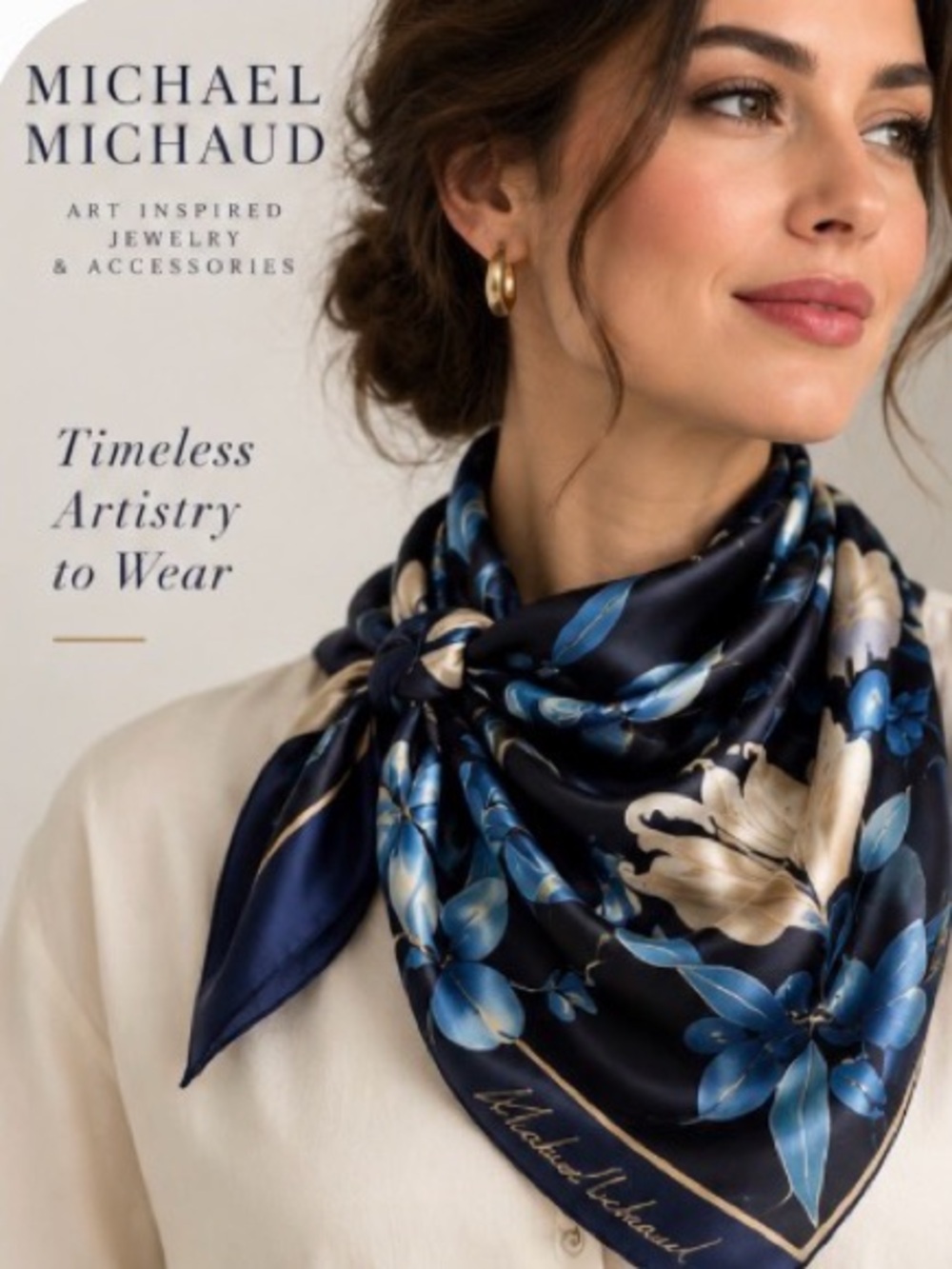 Michael Michaud Silk Scarf Shawl Blue Floral Elegant Scarf 34x34